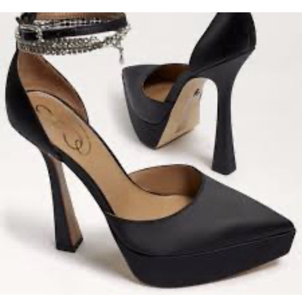 Sam Edelman Andie Pumps Black Satin Embellished Platform Heel Size 8.5
